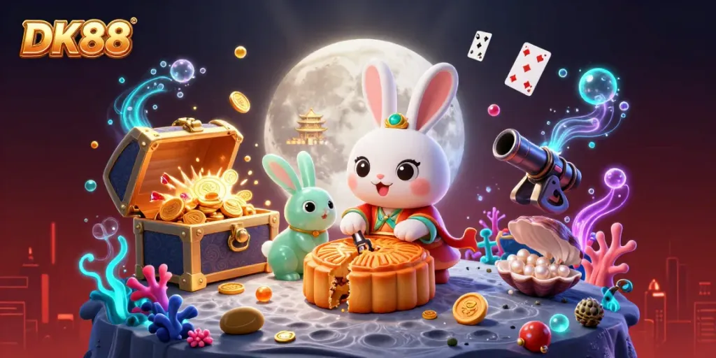 Experience the thrill of DK88 with a vibrant 3D illustration showcasing a moon rabbit revealing poker chips.