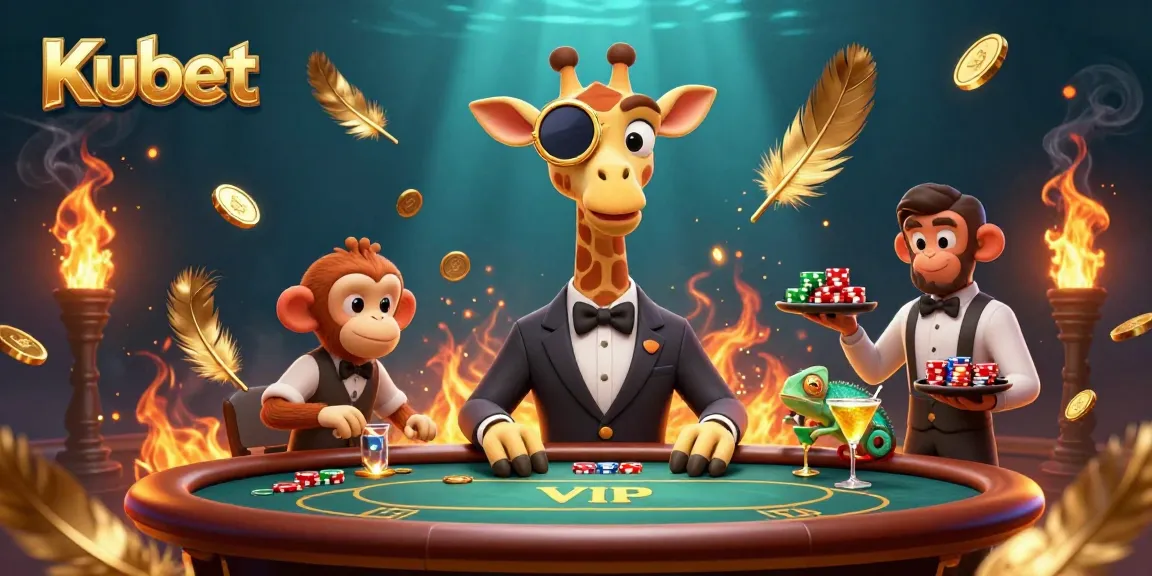 Kubet offers a vibrant gambling experience with a giraffe, monkey, and chameleon in a dynamic casino setting.