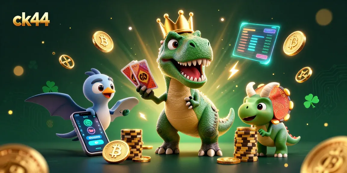 Experience thrilling gameplay with ck44 as a T-Rex shuffles cards and a pterodactyl holds them in this vibrant casino scene.