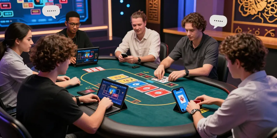 Sunwin online gaming scene with players engaged in lively casino card games on various devices, showcasing accessibility and excitement.