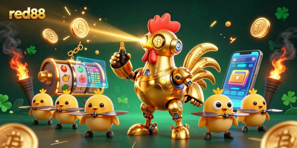 Experience red88's vibrant gaming scene with a golden rooster robot leading crypto-themed slot activities.