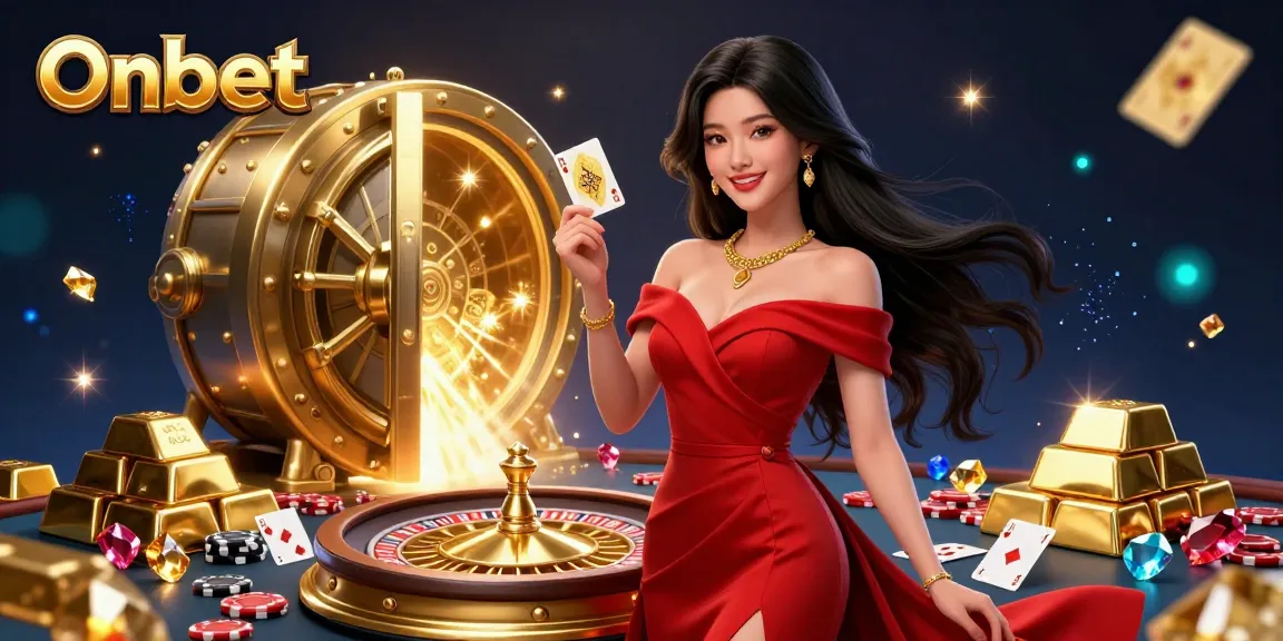 Onbet presents a captivating scene of excitement featuring a beautiful young woman elegantly showcasing her golden playing card beside a golden roulette wheel.