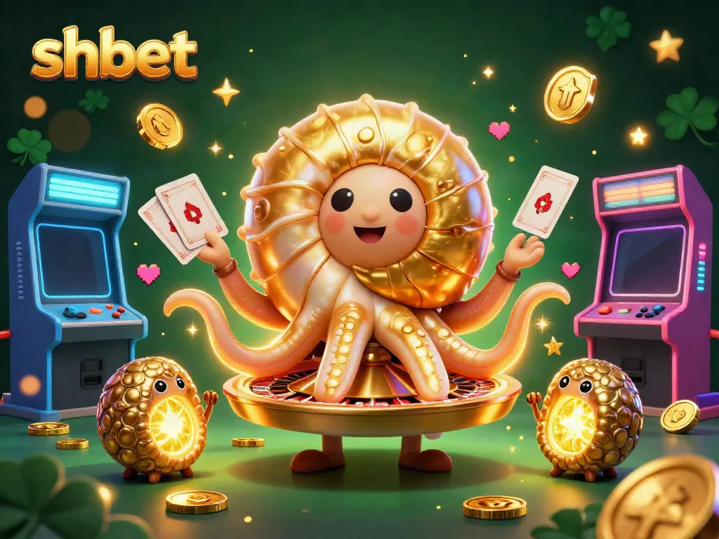 Spin with shbet at a vibrant casino, featuring a giant nautilus roulette wheel and glowing arcade machines.