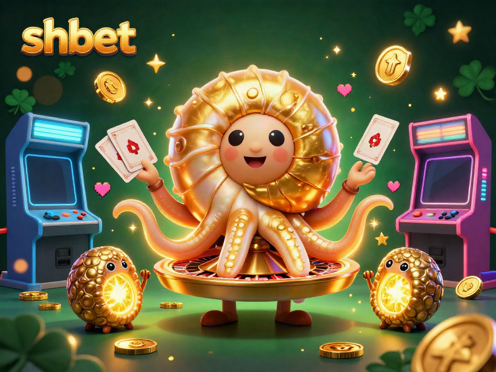 Spin with shbet at a vibrant casino, featuring a giant nautilus roulette wheel and glowing arcade machines.