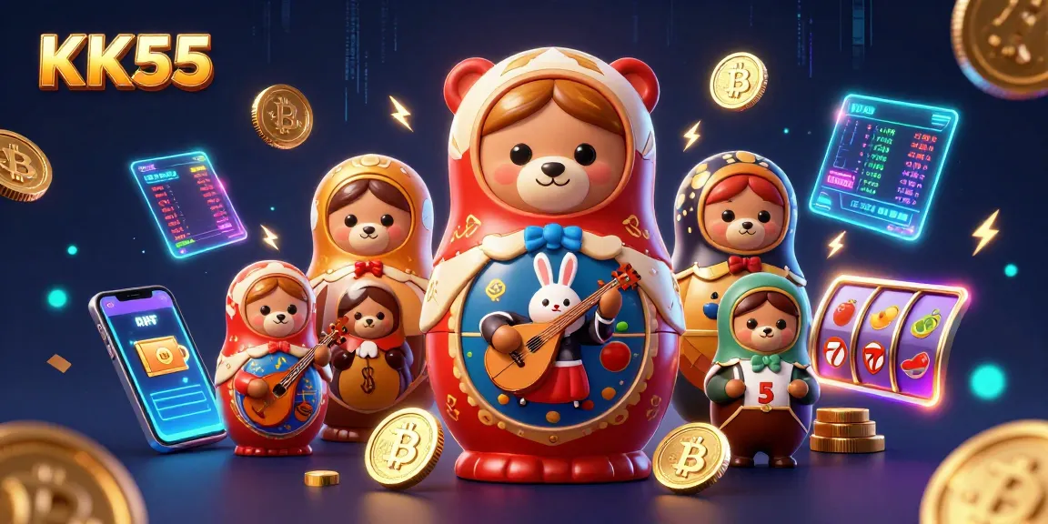 Spin the reels at KK55 with a vibrant illustration of casino-themed characters and elements.