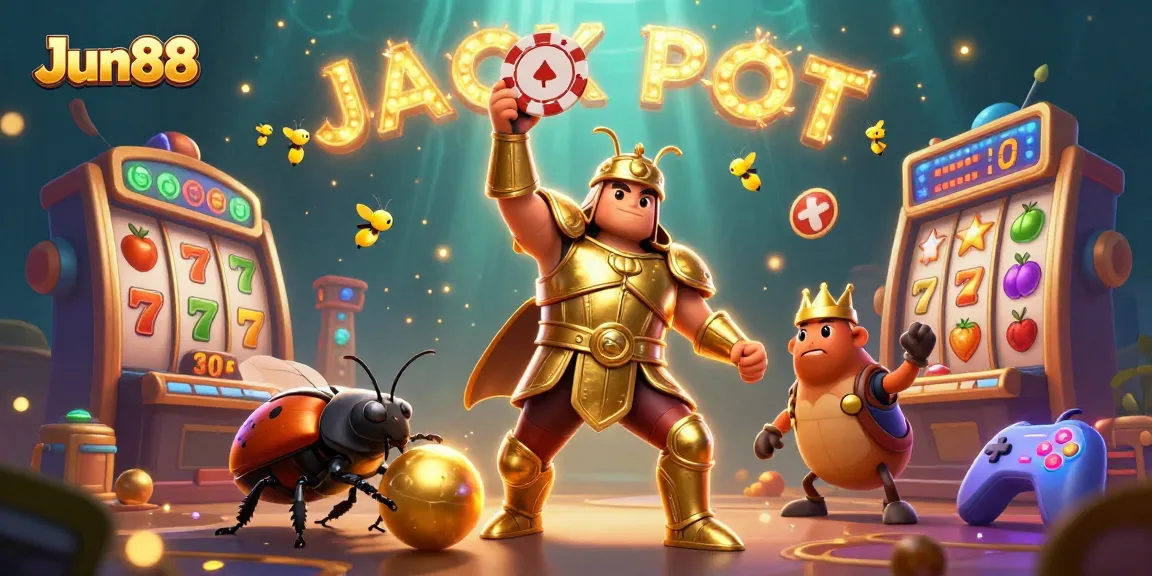 Engage with Jun88's thrilling slots, featuring a victorious beetle championing the jackpot