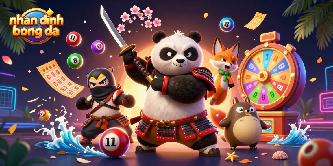 Capture the excitement of nhan dinh bong da as a dynamic 3D scene with colorful lottery elements.