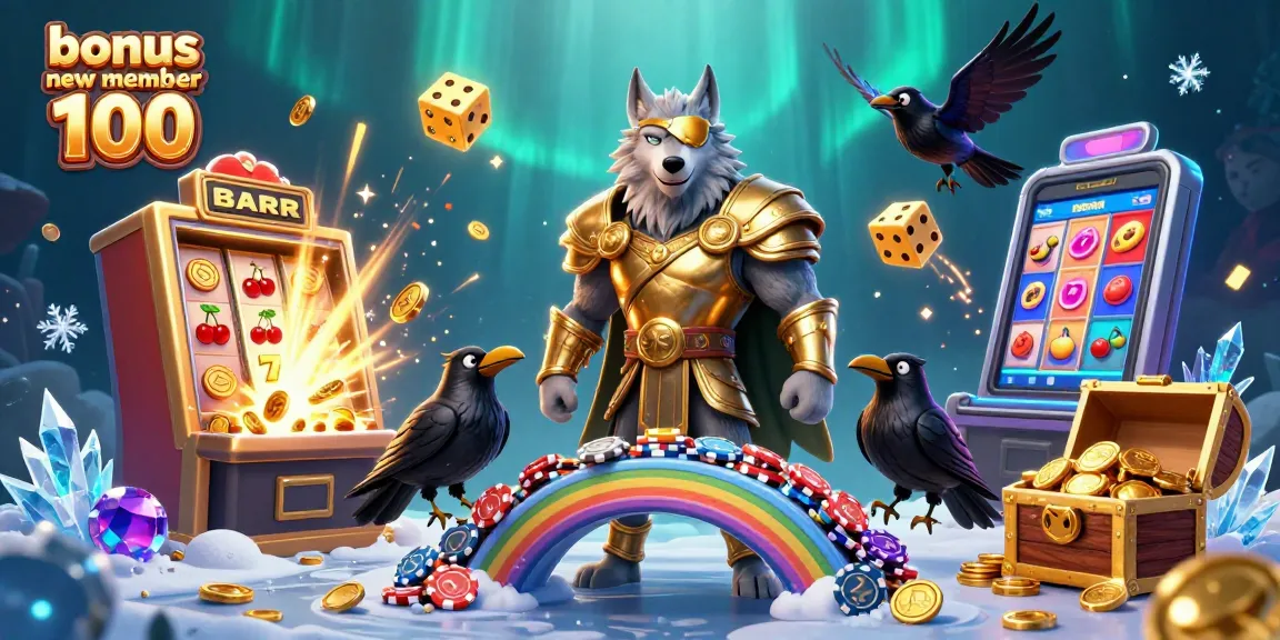 Claim your bonus new member 100 with Odin and his companions amidst a vibrant casino scene.