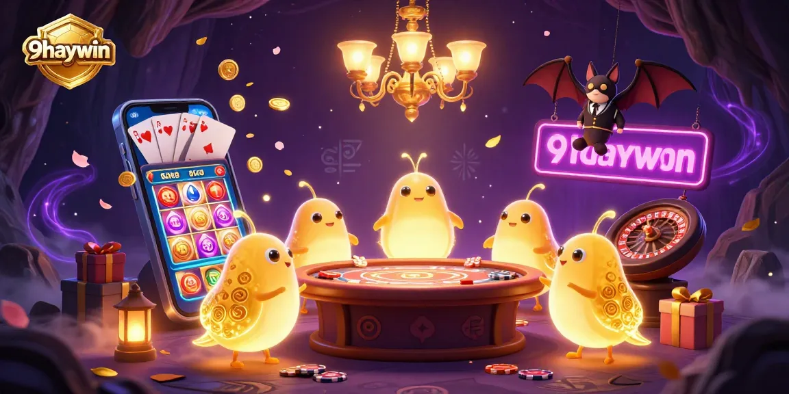 Experience the excitement of 9haywin with a lively cartoon casino scene, featuring glowworms and a bat dealer.