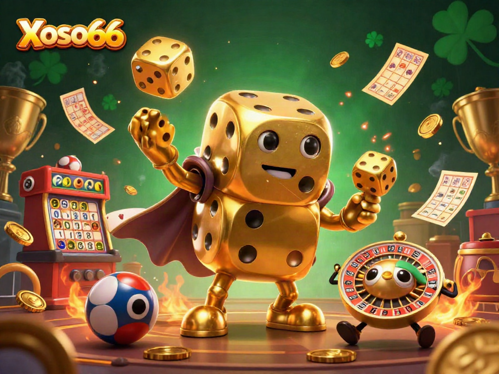 Xoso66 showcases a vibrant 3D scene featuring golden dice and lottery elements, embodying the thrill of winning.