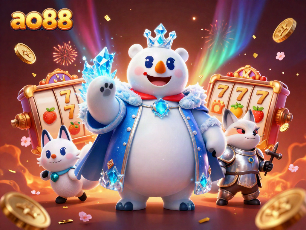 Experience exciting gaming at ao88 with a vibrant 3D scene featuring a majestic polar bear and a snow fox surrounded by slot reels and festive fireworks.