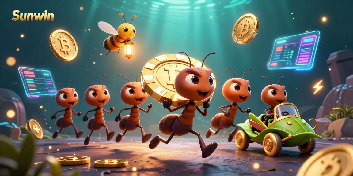 Experience the thrill of Sunwin with a vibrant heist scene featuring ants carrying a giant poker chip.