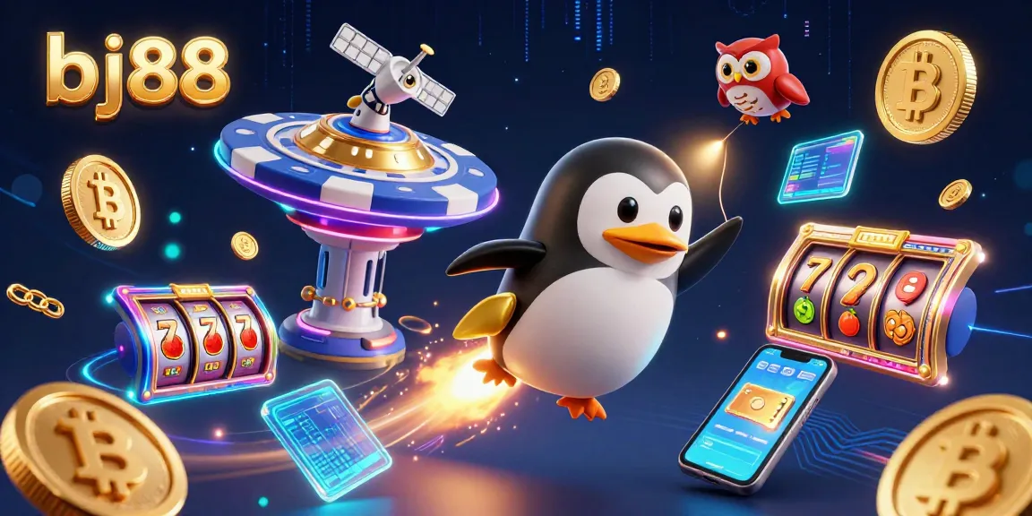Engage with bj88's dynamic casino experience, featuring a golden penguin and cosmic elements.