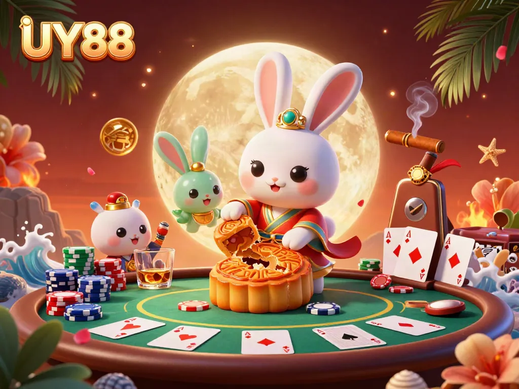Engage with UY88 through a vibrant scene of casino action featuring a moon rabbit, poker elements, and rich detailing.