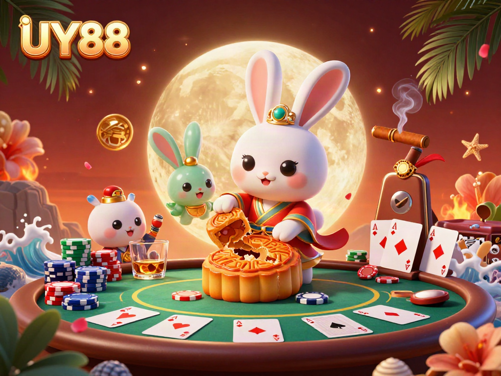 Engage with UY88 through a vibrant scene of casino action featuring a moon rabbit, poker elements, and rich detailing.