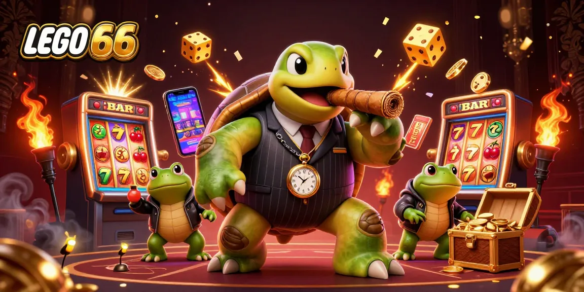 Lego66 features a massive snapping turtle in a suit with bullfrog enforcers, surrounded by slot machine jackpots and dynamic casino elements.