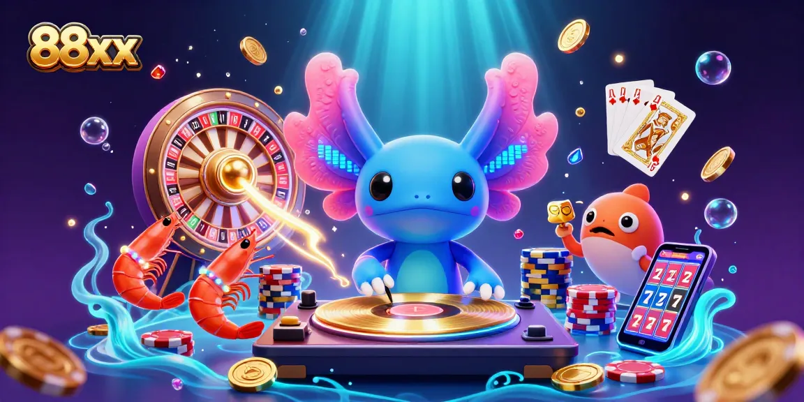 Experience the thrill of 88xx with vibrant characters and glittering prizes in a dynamic casino scene.