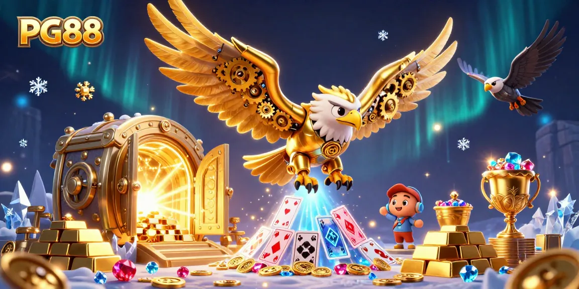 Engage with PG88's thrilling gaming experience, as the golden eagle dives through cards and treasures.
