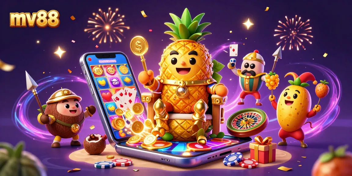 Experience exhilarating gameplay at mv88 with a vibrant casino scene featuring a golden pineapple king and dynamic gaming elements.