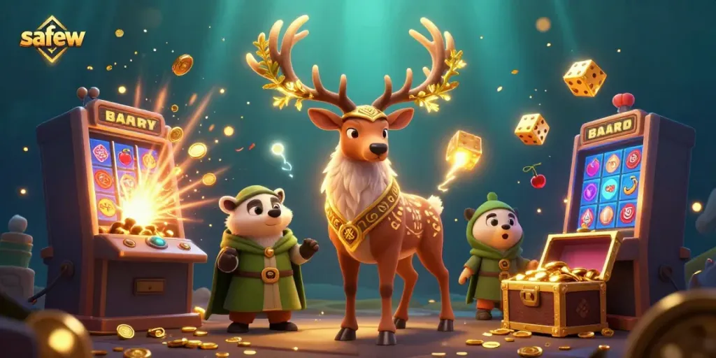 Spin the slots with safew characters in a vibrant jackpot scene featuring magical creatures and casino elements.