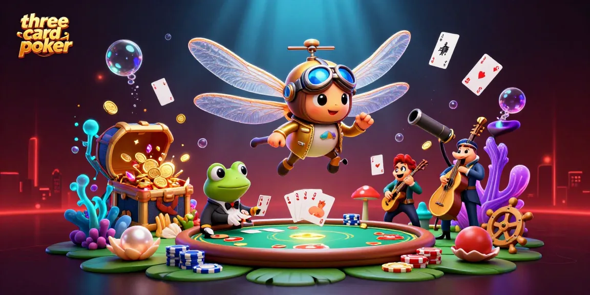 Experience three card poker excitement with a vibrant casino scene featuring a dragonfly pilot and frog dealer.