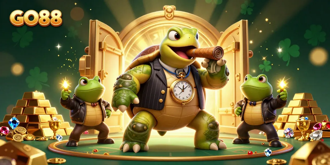 Experience the thrill of GO88 with a vibrant casino scene featuring treasure, characters, and animated lights.