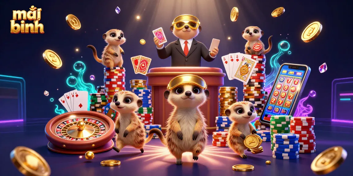 Experience thrilling mậu binh action in this vibrant casino scene with meerkats and colorful chips.