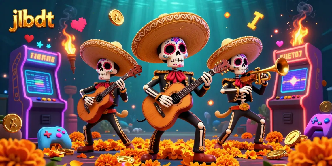 Experience the vibrant energy of jlbdt with a Day of the Dead mariachi band and colorful gaming elements.