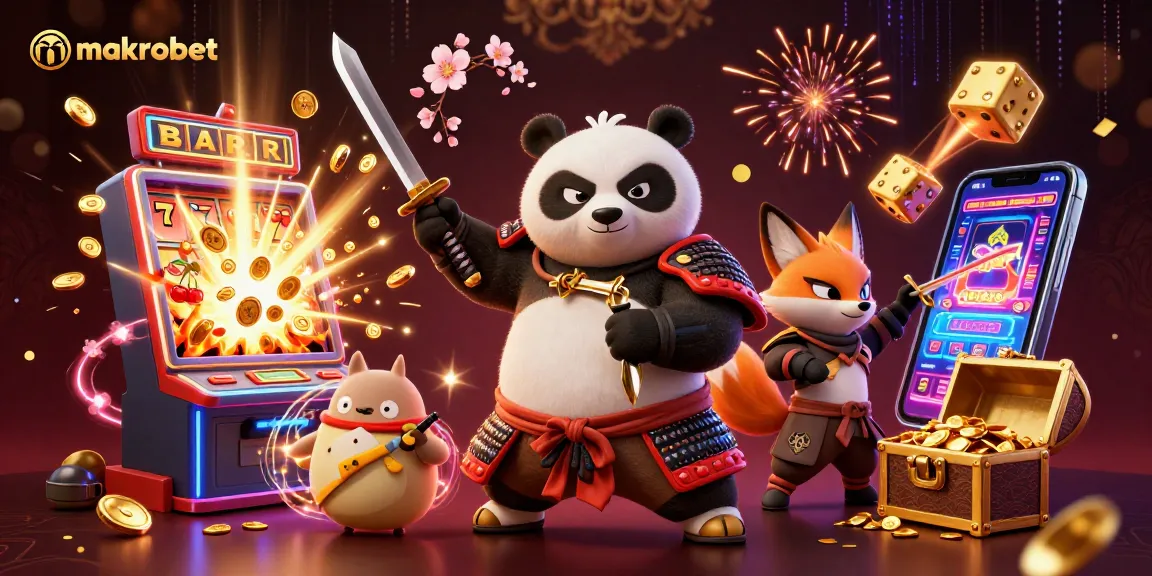 Makrobet ile canlı casino deneyimi sunan görselde, samuray panda ve ninja tilki yer alıyor.