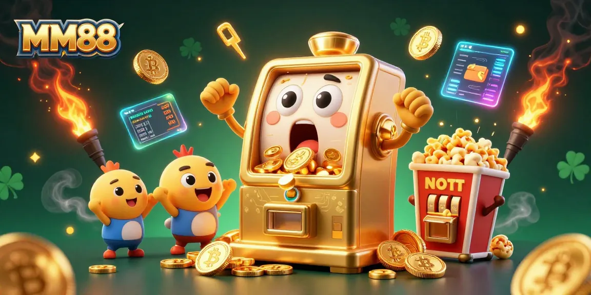 MM88 slot machine celebrates a jackpot, showered in coins and cryptocurrency elements.