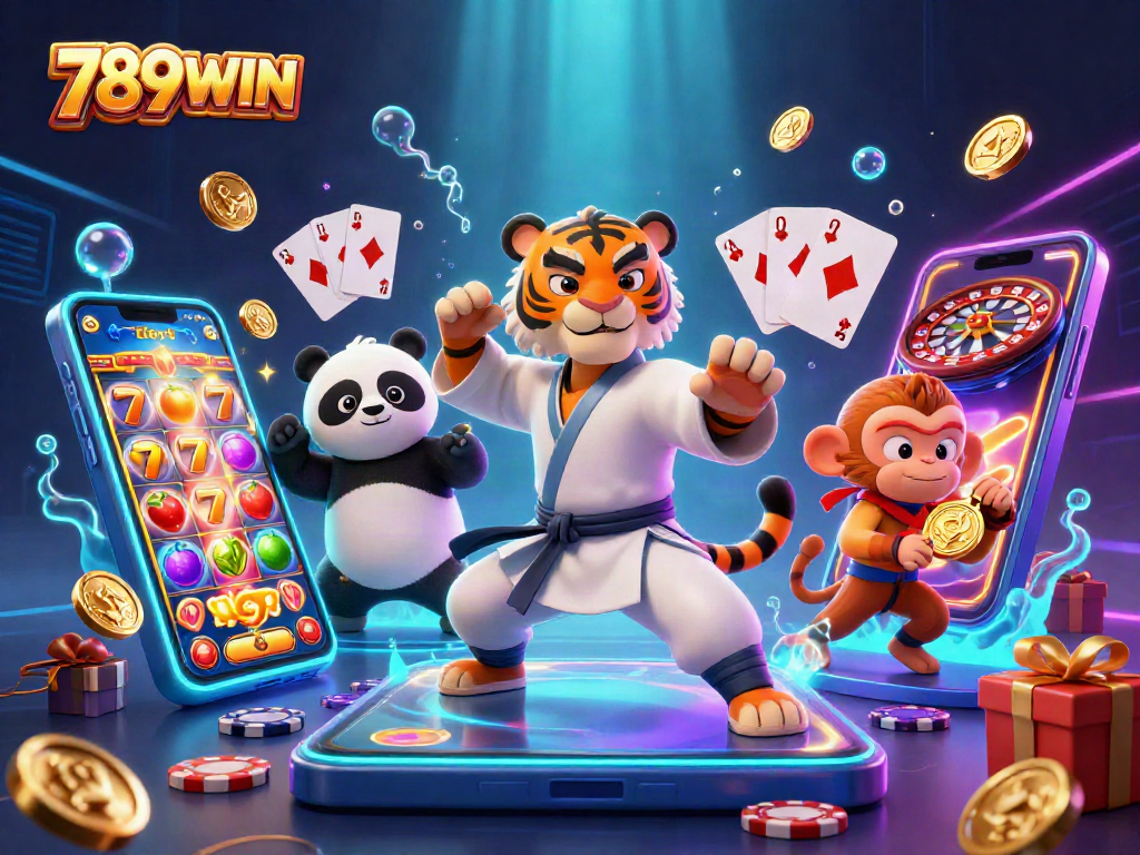 Experience the thrill of 789WIN with vibrant slot games and dynamic characters in a rich casino scene.