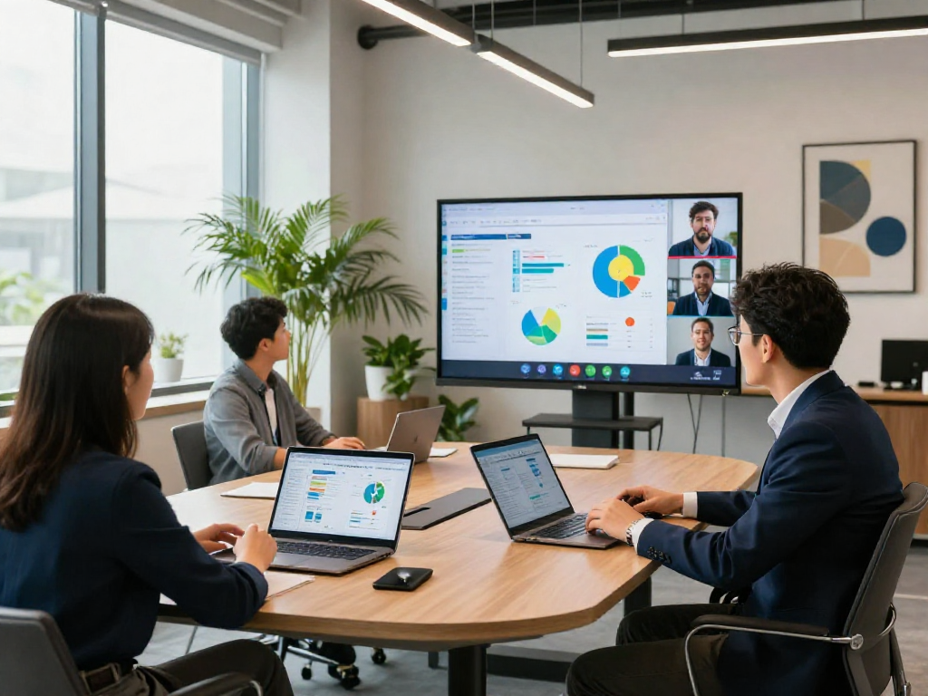 Business professional strategizing IDXSTAR in a modern conference room, showcasing dynamic collaboration.