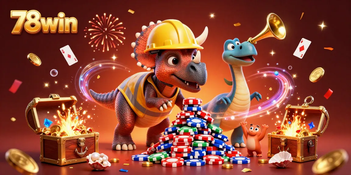 Engaging 78win illustration showcasing a lively trio of cartoon dinosaurs amidst a festive casino backdrop.
