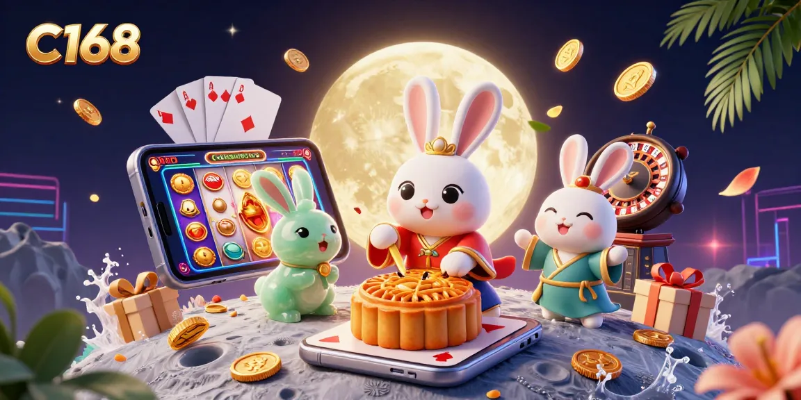 C168 showcases a dynamic scene of a moon rabbit creating mooncakes revealing poker chips, amidst casino elements.
