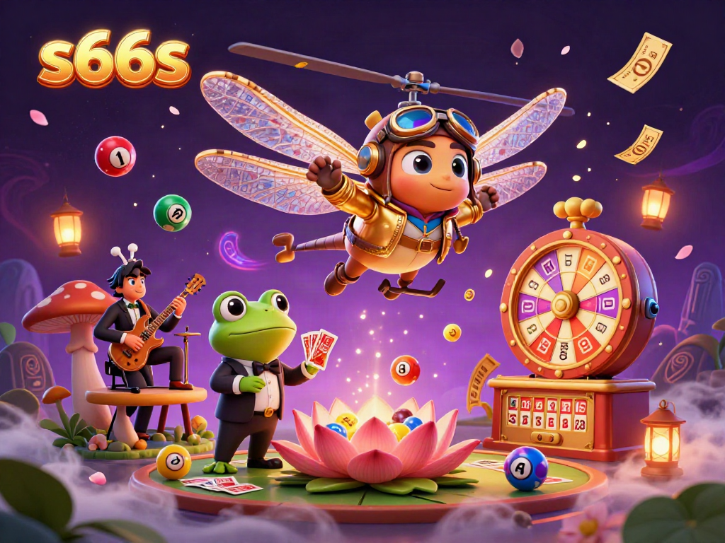 s666s casino scene with a dragonfly pilot, frog croupier, and vibrant lottery elements.