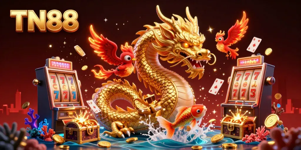 Experience the excitement of TN88 with this vibrant casino-themed illustration showcasing lucky dragons and gold coins.