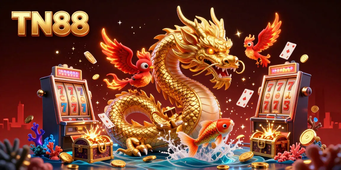 Experience the excitement of TN88 with this vibrant casino-themed illustration showcasing lucky dragons and gold coins.