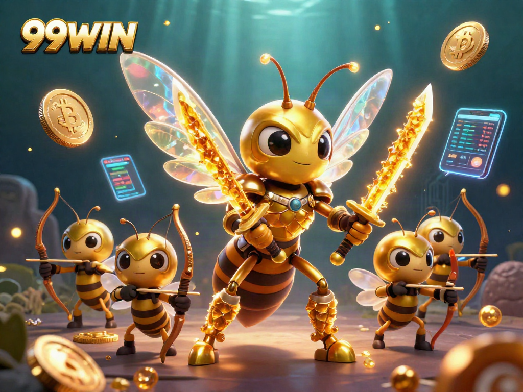 Immerse in the 99WIN action with a vibrant 3D casino scene filled with energetic characters and crypto elements.