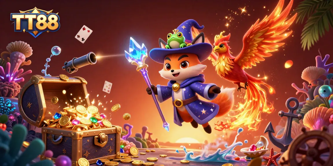 TT88 enhances your gaming experience with a mystical wizard fox and vibrant 3D scene filled with treasures.