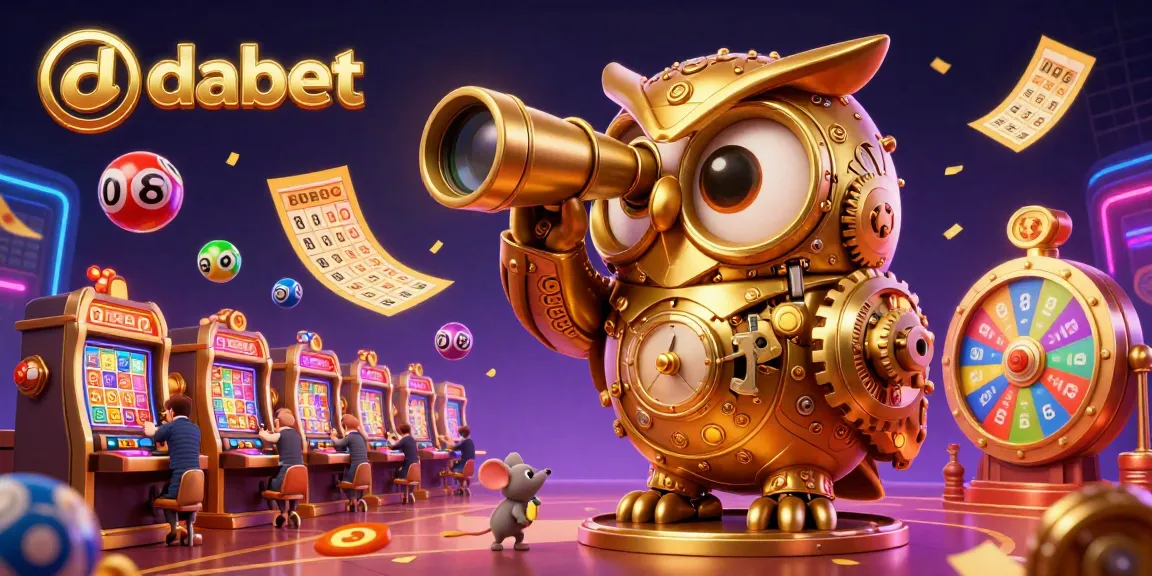 dabet's vibrant casino scene showcases a golden owl and wind-up mice among lively slot machines.
