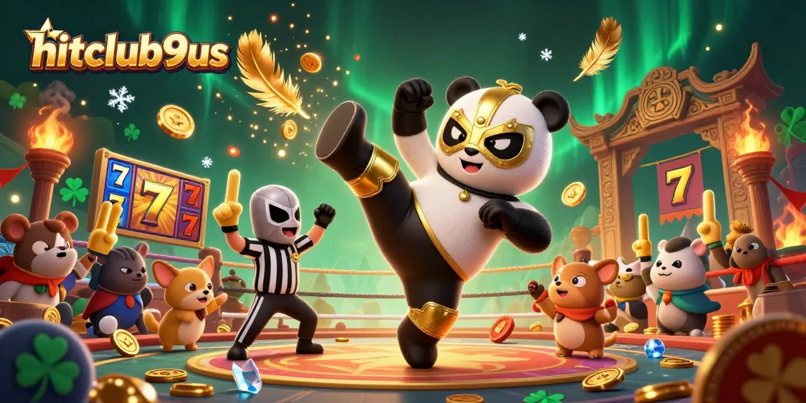 hitclub9us features thrilling slot action with a wrestling panda and cheering crowd in a vibrant casino scene.