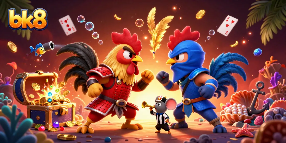 Engage in thrilling battles at bk8, featuring dynamic roosters in a dramatic showdown with casino elements.