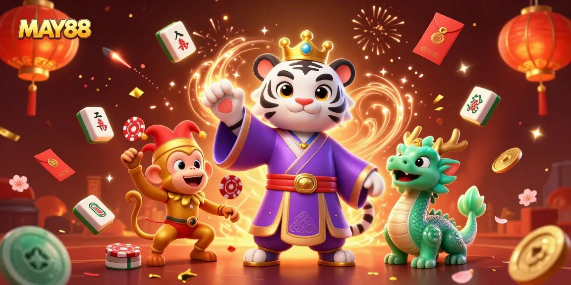 MAY88 offers a vibrant casino experience with a lively white tiger, monkey, and jade dragon.