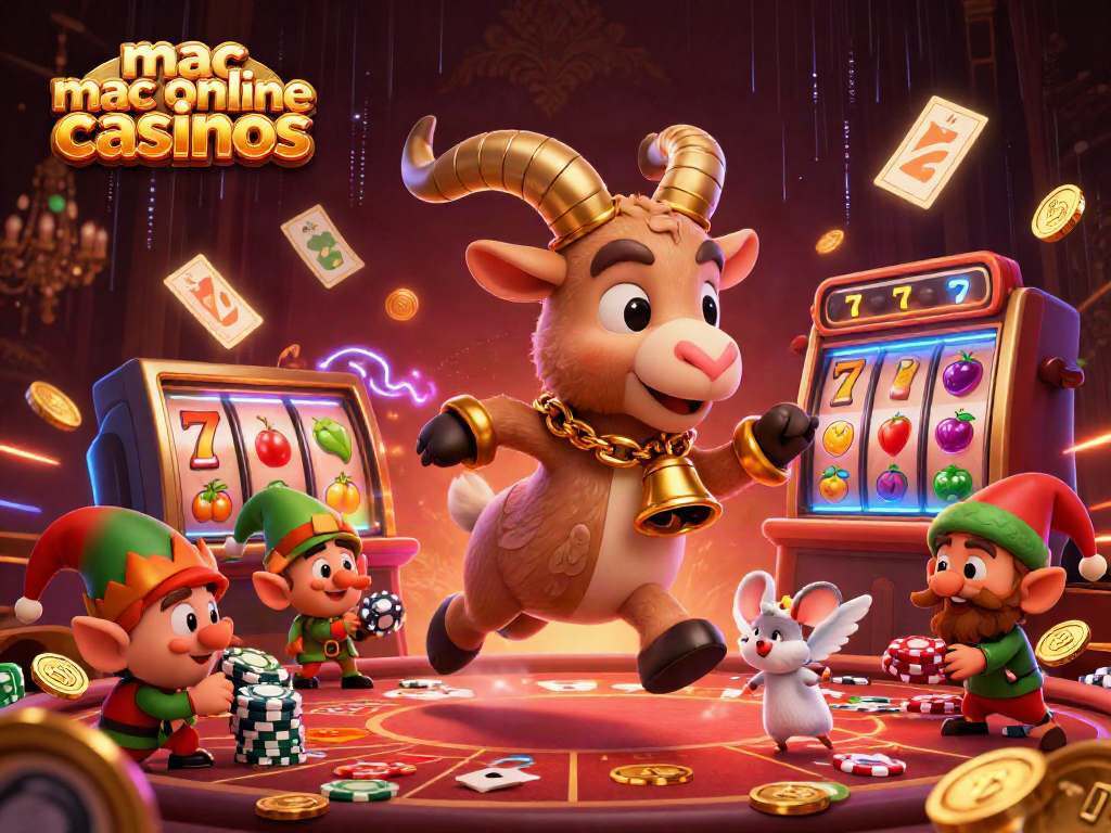 Watch the lively scene of mac online casinos featuring a whimsical Krampus goat managing a festive gambling atmosphere.