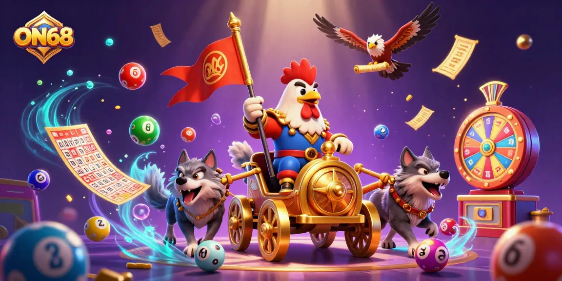 Experience thrilling gaming at ON68 with a dynamic scene of a rooster warlord and jackpot elements.