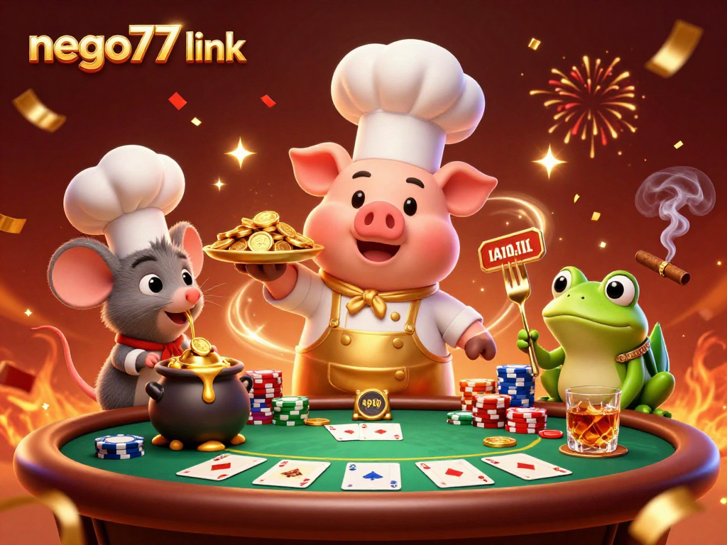 Play big with NEGO77 link at this vibrant casino scene featuring animated characters and poker elements.