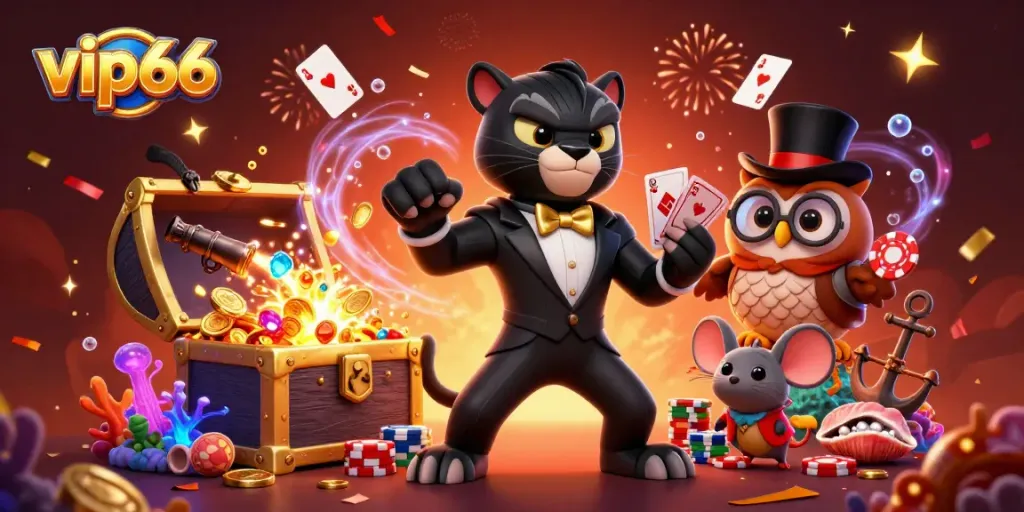 Experience thrilling wins with vip66 at this vibrant 3D casino scene featuring playful characters and exciting game elements
