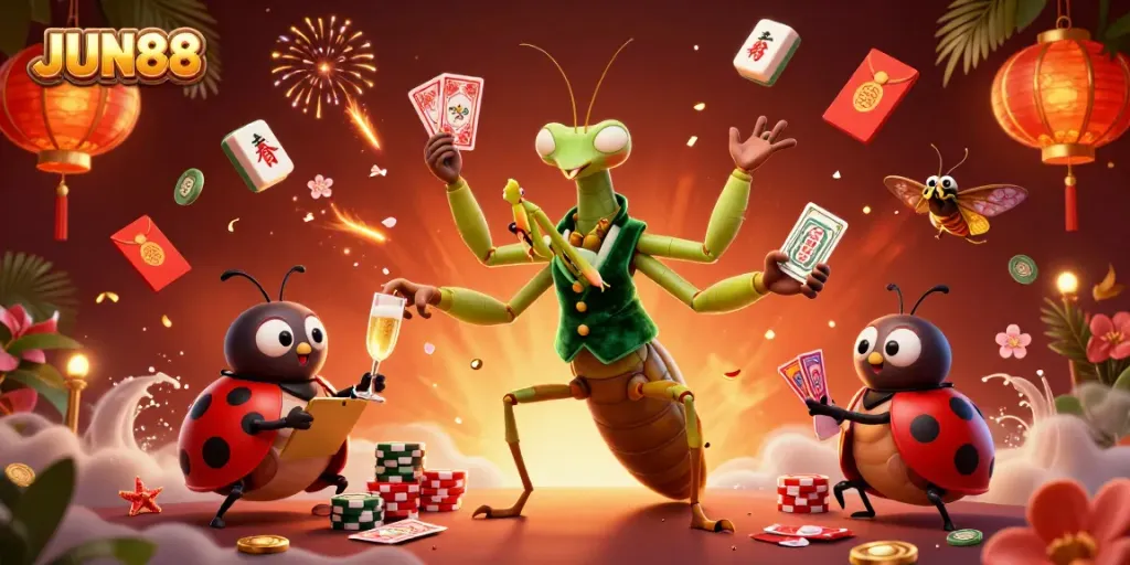 Engage in thrilling gameplay at JUN88, illustrated with vibrant casino elements and characters in action.