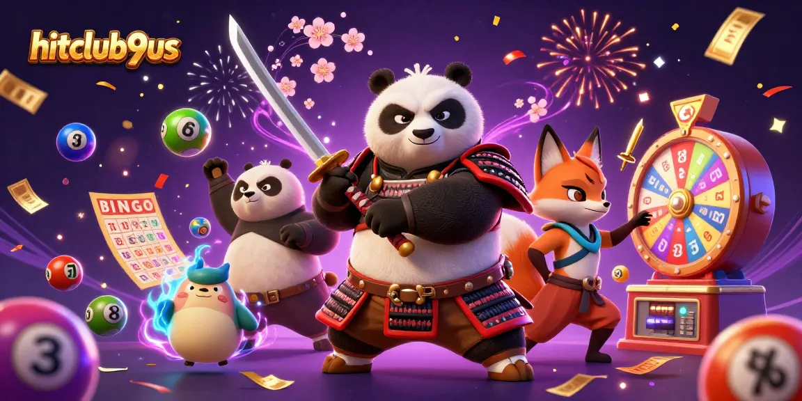 Hitclub9us celebrates with a lively scene of a samurai panda and ninja fox amidst dynamic gambling elements.