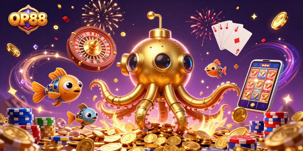 Experience thrilling gaming with OP88's vibrant 3D golden kraken surfacing from golden coins and showcasing exciting casino elements.